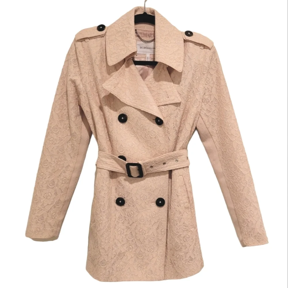 BCBG Generation Pink Lace Trench Short Coat Double Breasted Collared Belted S - Picture 1 of 10